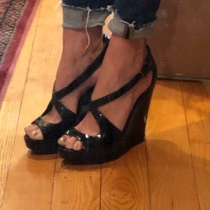 Burberry black patent wedges